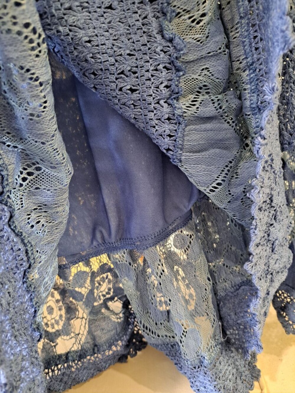 Boho Lace Maxi Skirt Blue Crochet Elastic Waist Tassel Tie Flowy Womens L Gypsy - Picture 7 of 12